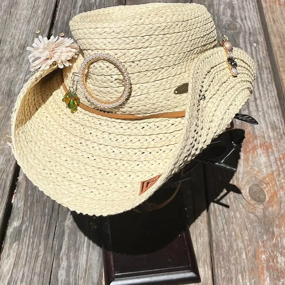 Natural Straw Cowboy Hat with Decorative Accents